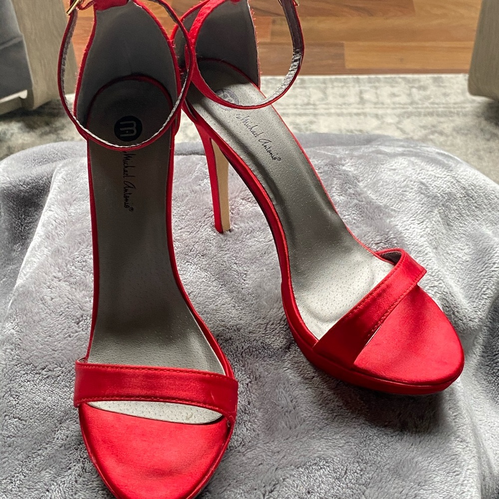 Michael Antonio red satin ankle strap high heel